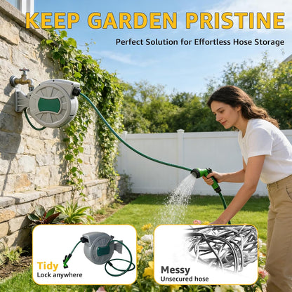 Retractable Hose Reel 1/2 in x 100 ft, Wall Mount Garden Water Hose Reel for Car Wash, Pet Bath & Plant Watering, Automatic Slow Rewind, Triple-Layer Anti-Kink Hose, 7-Pattern Spray Nozzle