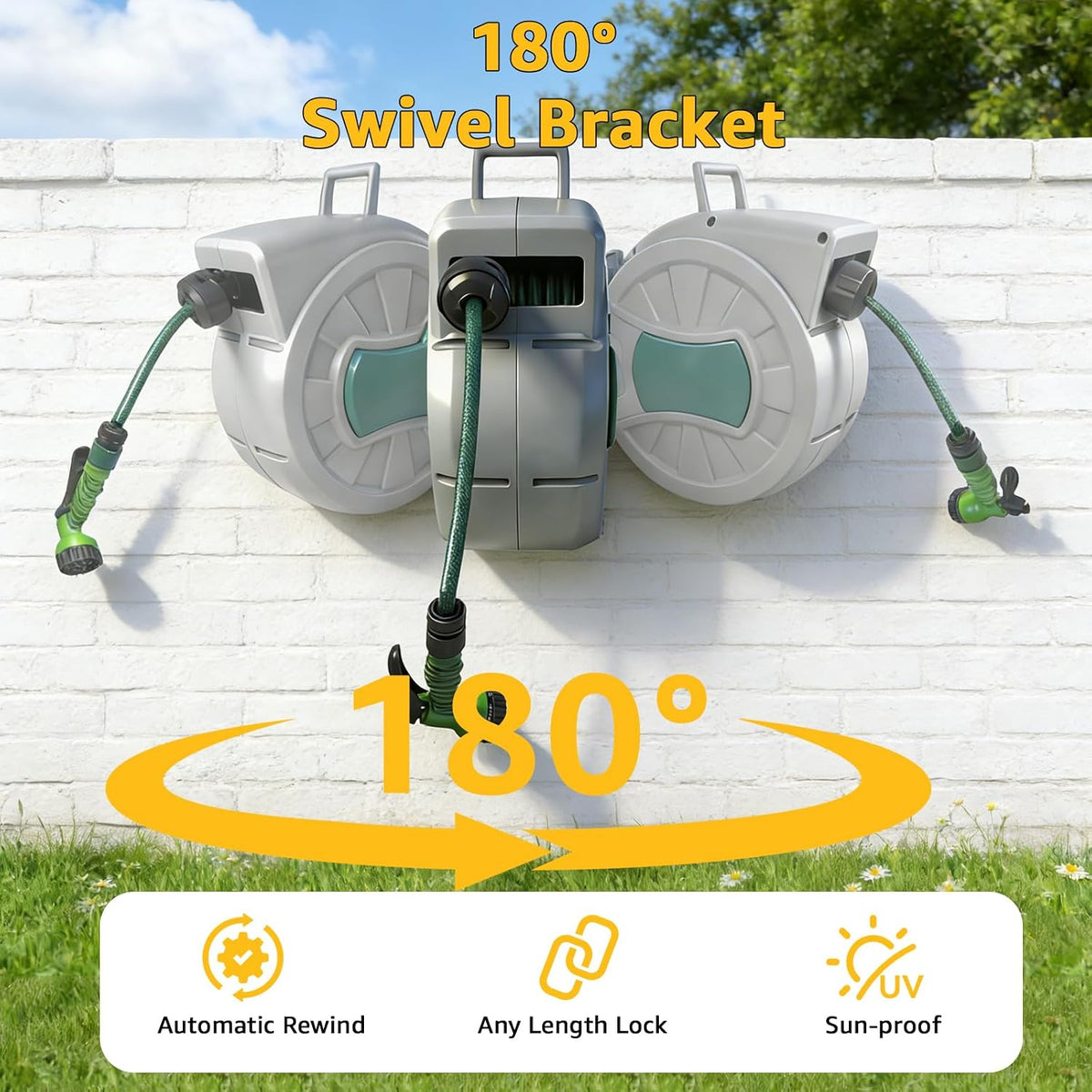 Retractable Hose Reel 1/2 in x 100 ft, Wall Mount Garden Water Hose Reel for Car Wash, Pet Bath & Plant Watering, Automatic Slow Rewind, Triple-Layer Anti-Kink Hose, 7-Pattern Spray Nozzle