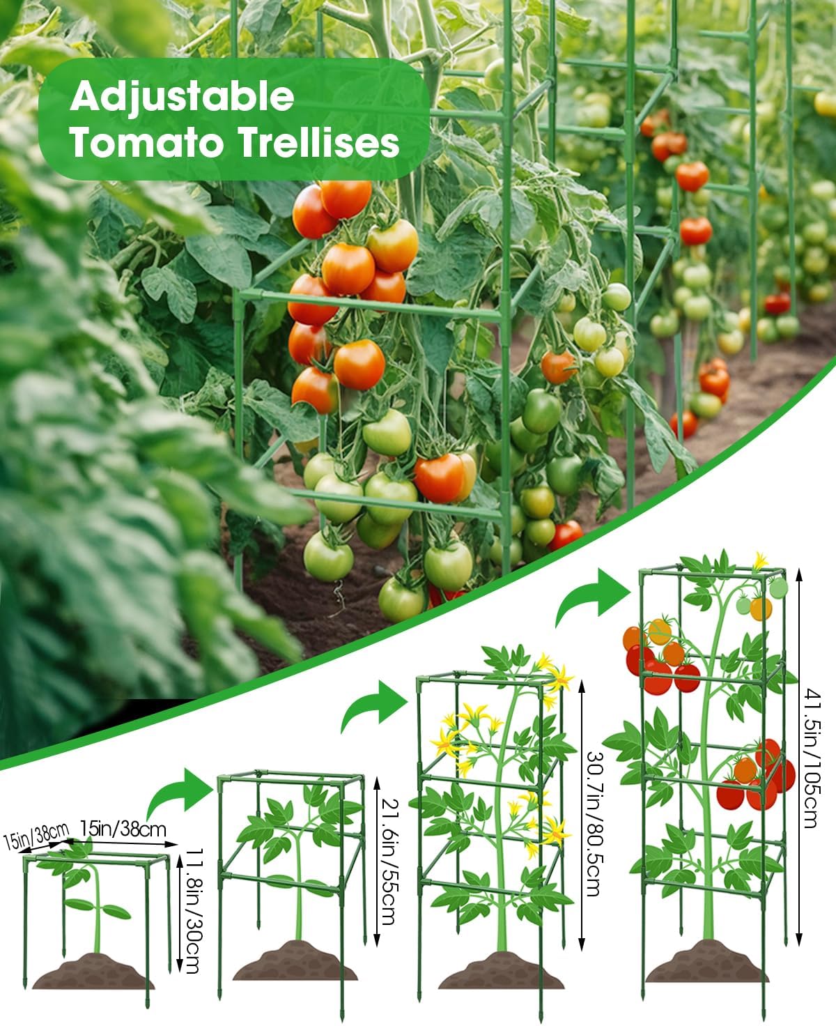 MYMULIKE 3 Pack Tomato Cages for Garden - Heavy Duty Square Tomato Plant Support Stakes, Height-Adjustable Tomato Trellis, Tomato Plant Cage for Raised Beds/Pots (Holds 50 Lbs)