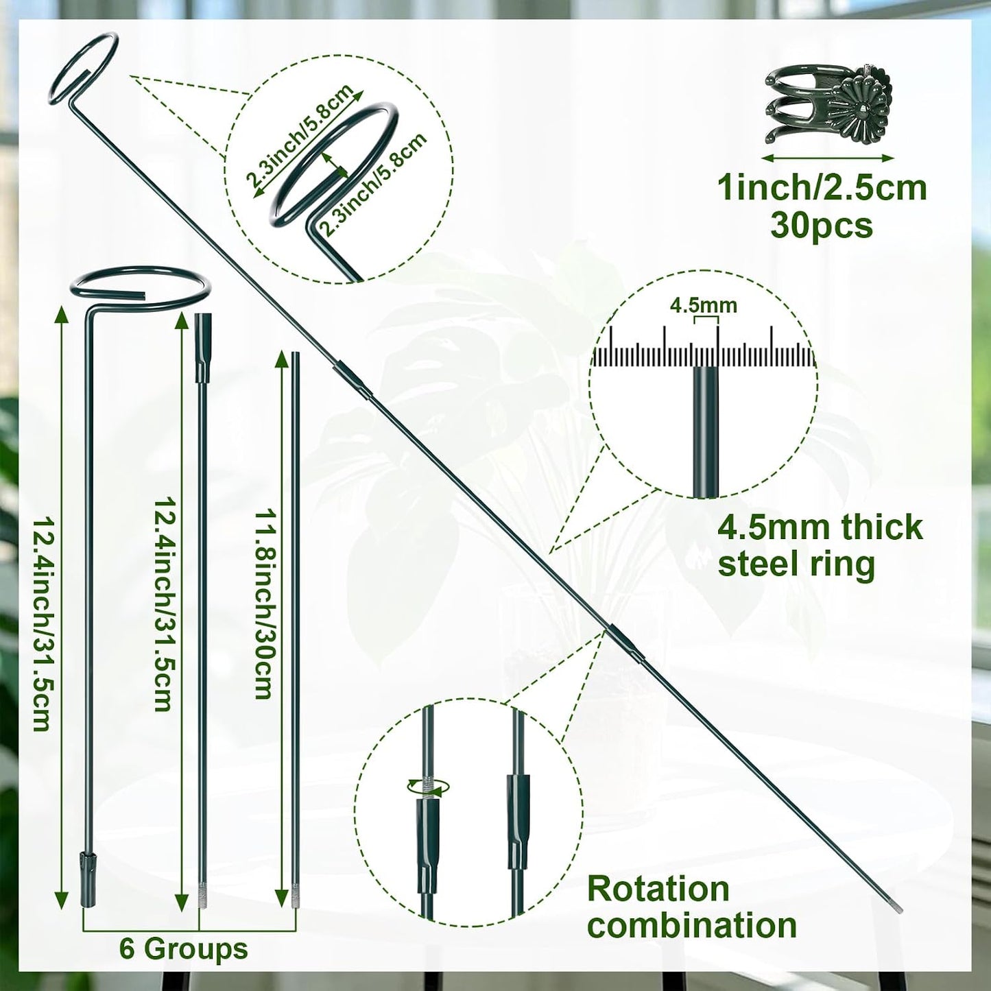 6 Sets Plant Stakes 12/25/36 Inch Adjustable Plant Support Stakes Tall for Indoor Outdoor Plant Holder Stick Steel Garden Stem Pole Amaryllis Stakes with 30 Clip for Tomato Orchid Lily Flower