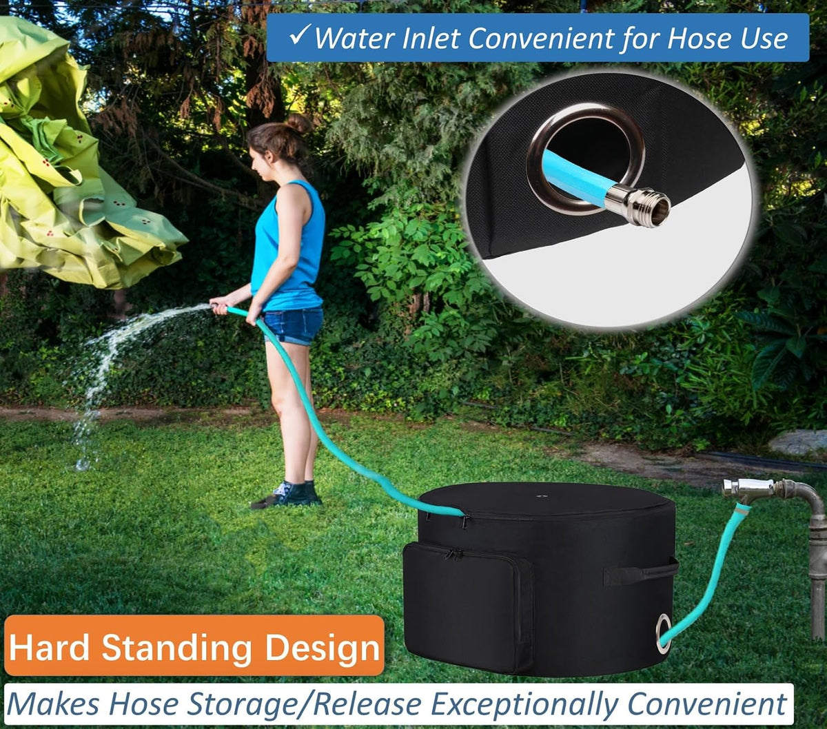 Garden Hose Holder Standing Bag, Water Hose Holder Pot Bag for Outside, with Hose Entry Hole; Drainage & Breathable Holes; Small Tool Storage Pocket (black)