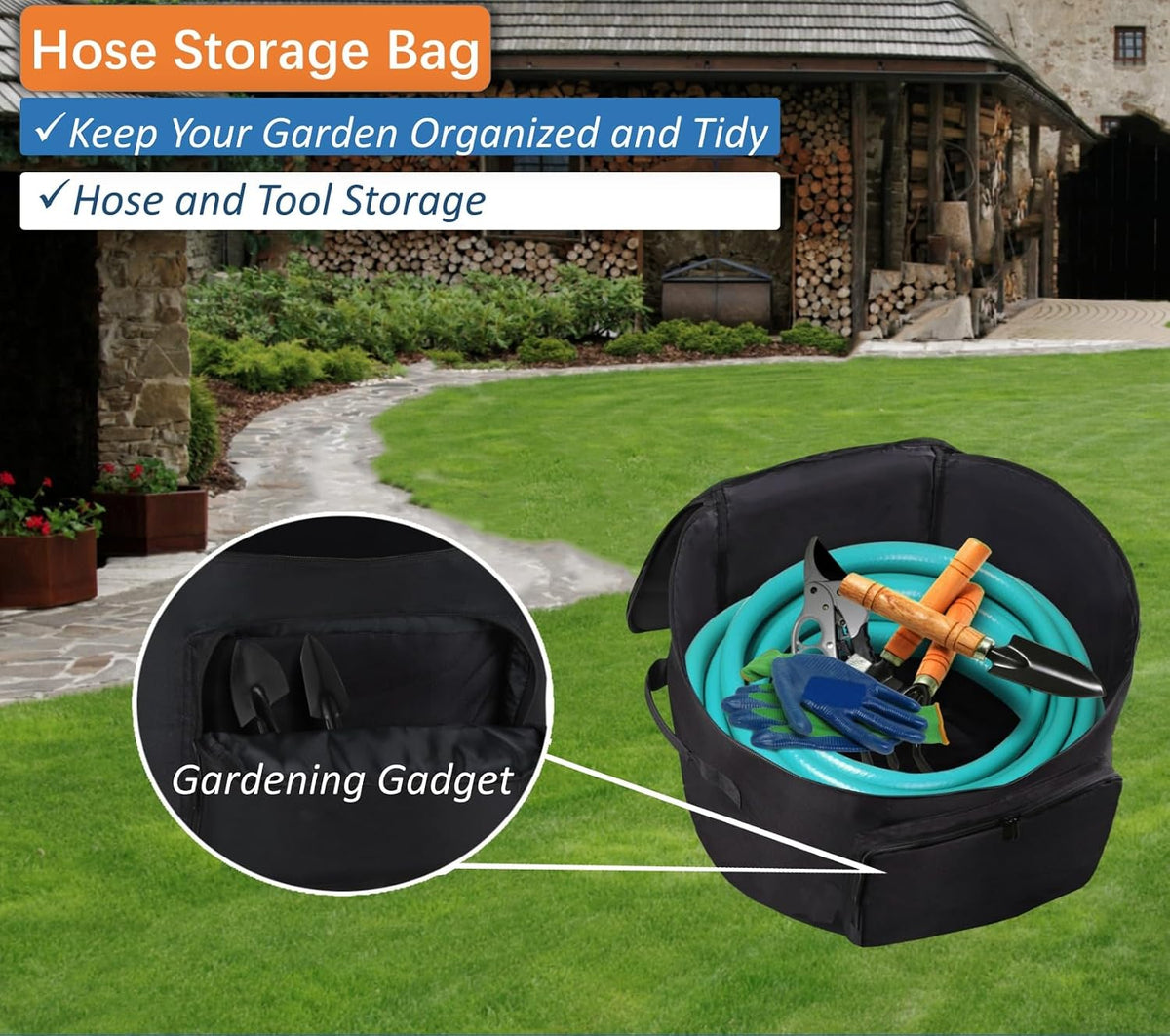 Garden Hose Holder Standing Bag, Water Hose Holder Pot Bag for Outside, with Hose Entry Hole; Drainage & Breathable Holes; Small Tool Storage Pocket (black)
