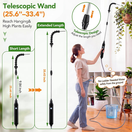 Rechargeable Cordless High Reach Plant Waterer, Telescopic Wand (25.6–35.4 in) & 6.56ft Hose, Dual Nozzles, 2000mAh Battery, Effortless Hanging Plant Waterer for Indoor Outdoor Garden