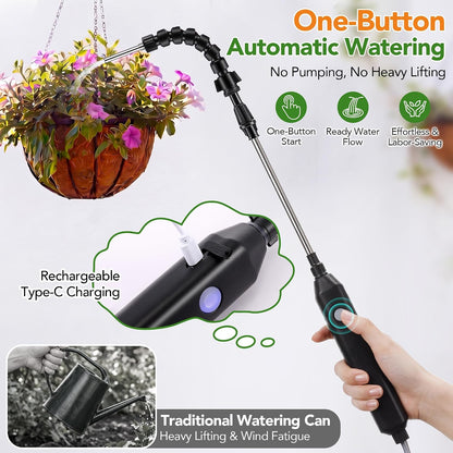 Rechargeable Cordless High Reach Plant Waterer, Telescopic Wand (25.6–35.4 in) & 6.56ft Hose, Dual Nozzles, 2000mAh Battery, Effortless Hanging Plant Waterer for Indoor Outdoor Garden
