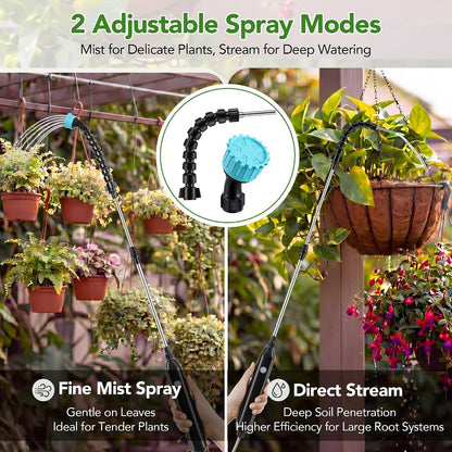 Rechargeable Cordless High Reach Plant Waterer, Telescopic Wand (25.6–35.4 in) & 6.56ft Hose, Dual Nozzles, 2000mAh Battery, Effortless Hanging Plant Waterer for Indoor Outdoor Garden