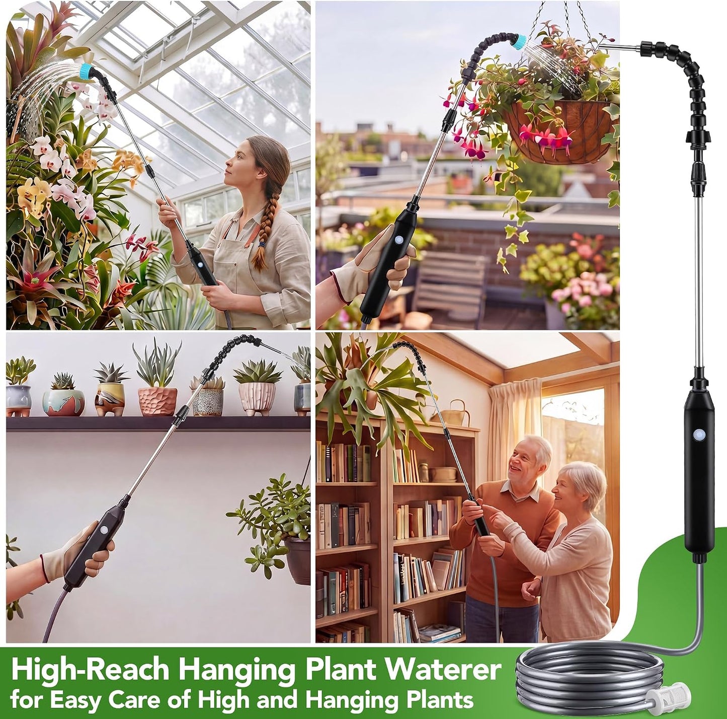 Rechargeable Cordless High Reach Plant Waterer, Telescopic Wand (25.6–35.4 in) & 6.56ft Hose, Dual Nozzles, 2000mAh Battery, Effortless Hanging Plant Waterer for Indoor Outdoor Garden