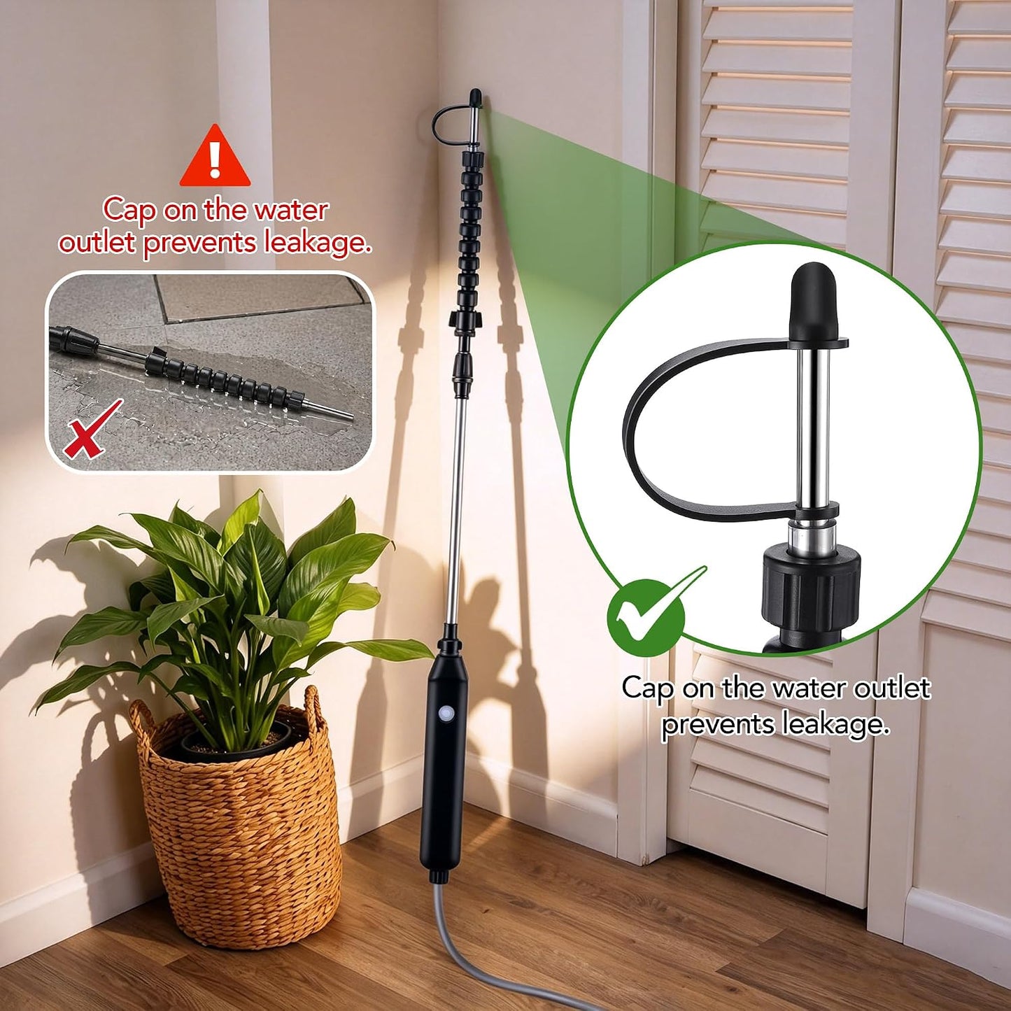 Rechargeable Cordless High Reach Plant Waterer, Telescopic Wand (25.6–35.4 in) & 6.56ft Hose, Dual Nozzles, 2000mAh Battery, Effortless Hanging Plant Waterer for Indoor Outdoor Garden