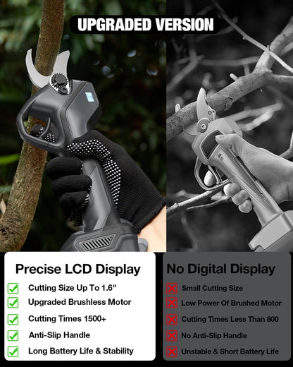 Upgraded Electric Pruning Shears,1.4" Cutting Diameter Cordless Power Pruner with LCD Display, Brushless Motor Pruning Shears with 2000mAh*2 Rechargeable Batteries for Garden Tree Pruner Branch