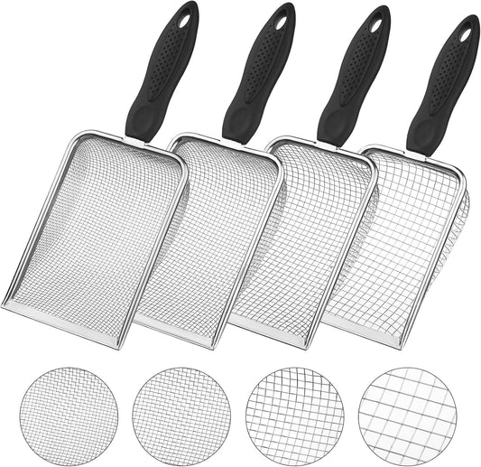 4-Pack Stainless Steel Soil Sifter Set with Handle, Multi-Mesh Garden Sifter for Compost, Sand, Rocks - Gardening Tool & Reptile Sand Scoop for Litter Cleaning, Beach Shell Sifting