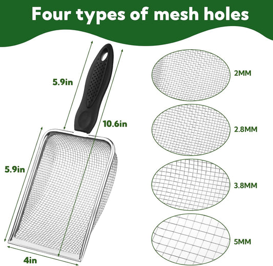4-Pack Stainless Steel Soil Sifter Set with Handle, Multi-Mesh Garden Sifter for Compost, Sand, Rocks - Gardening Tool & Reptile Sand Scoop for Litter Cleaning, Beach Shell Sifting
