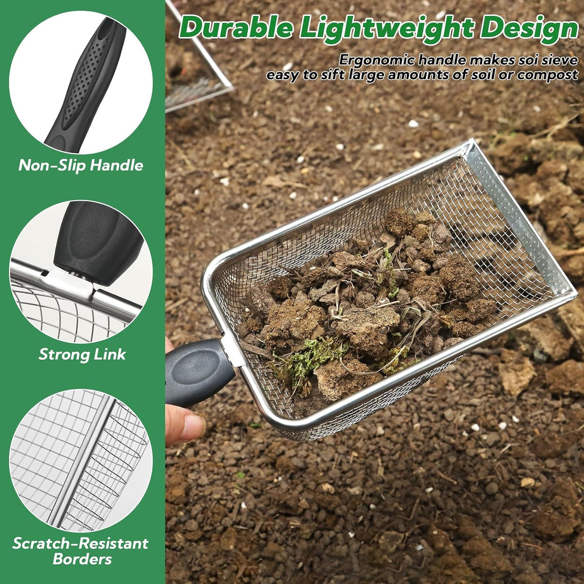 4-Pack Stainless Steel Soil Sifter Set with Handle, Multi-Mesh Garden Sifter for Compost, Sand, Rocks - Gardening Tool & Reptile Sand Scoop for Litter Cleaning, Beach Shell Sifting