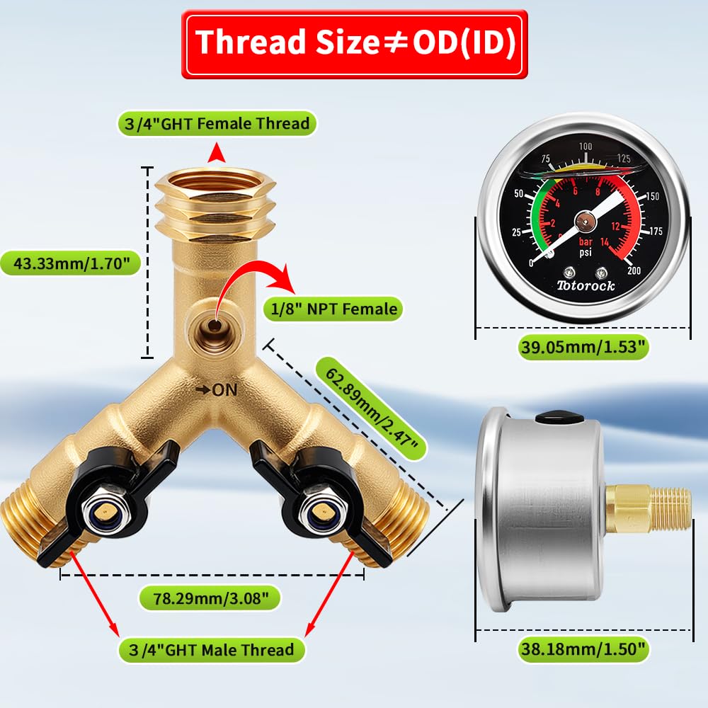 3/4" GHT Garden Hose Splitter,2 Way Brass Water Hose Splitter