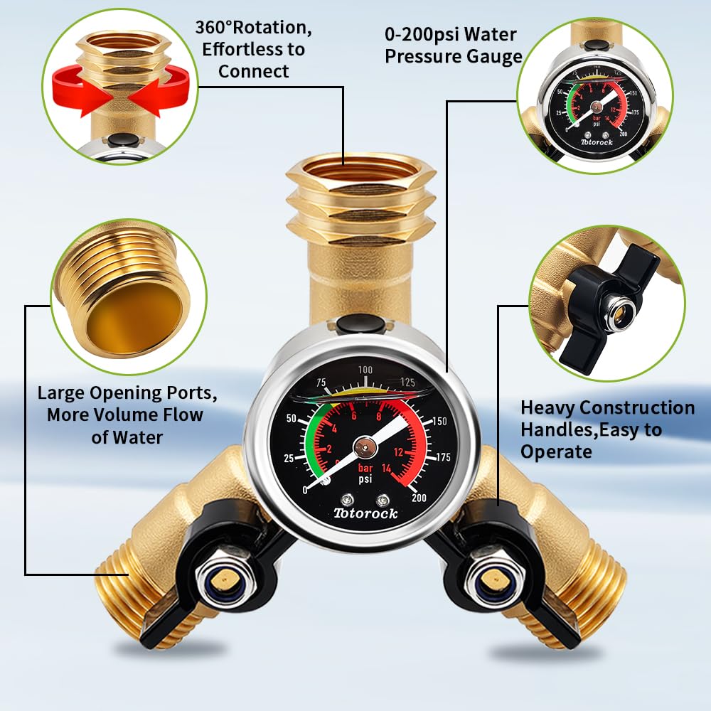 3/4" GHT Garden Hose Splitter,2 Way Brass Water Hose Splitter