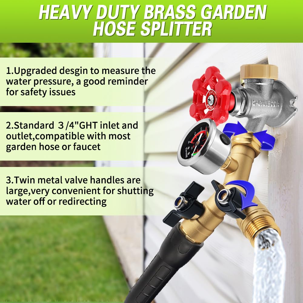 3/4" GHT Garden Hose Splitter,2 Way Brass Water Hose Splitter