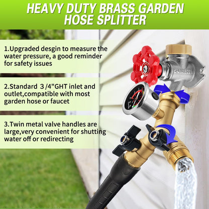 3/4" GHT Garden Hose Splitter,2 Way Brass Water Hose Splitter