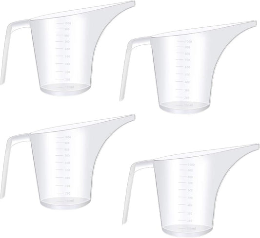 4 Pack Plastic Funnel Pitcher,Large Capacity Long Spout Measuring Cup for Bakeware Molds,Pancake,Batter,Muffin,Cakes,Soap Making(4 Cups/32 Ounces/1000 ml)