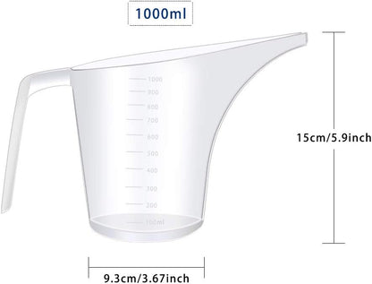 4 Pack Plastic Funnel Pitcher,Large Capacity Long Spout Measuring Cup for Bakeware Molds,Pancake,Batter,Muffin,Cakes,Soap Making(4 Cups/32 Ounces/1000 ml)