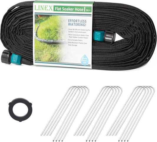 Flat Soaker Hose 1/2" x 50 ft with Stake for Garden Beds Drip Sprinkler Irrigation Hose Heavy Duty Saving 80% Water For Vegetable