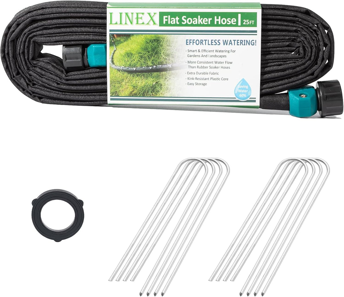 Flat Soaker Hose 1/2" x 50 ft with Stake for Garden Beds Drip Sprinkler Irrigation Hose Heavy Duty Saving 80% Water For Vegetable