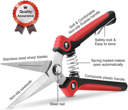 Pruning Scissors, Professional Garden Shears - Straight Stainless Steel Blades - Sharp Gardening Hand Pruner for Garden Harvesting Fruits, Vegetables, Trimming Flowers and Plants, 8.1IN(Red)