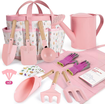 Kids Gardening Set, 13PCS Garden Tool Kit for Kids and Toddlers Boys Girls, Includes Tote Bag, Watering Can, Shovels, Rake, Kids Gardening Gloves, Apron and More, Pink
