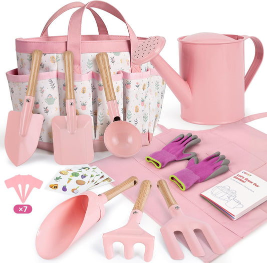 Kids Gardening Set, 13PCS Garden Tool Kit for Kids and Toddlers Boys Girls, Includes Tote Bag, Watering Can, Shovels, Rake, Kids Gardening Gloves, Apron and More, Pink