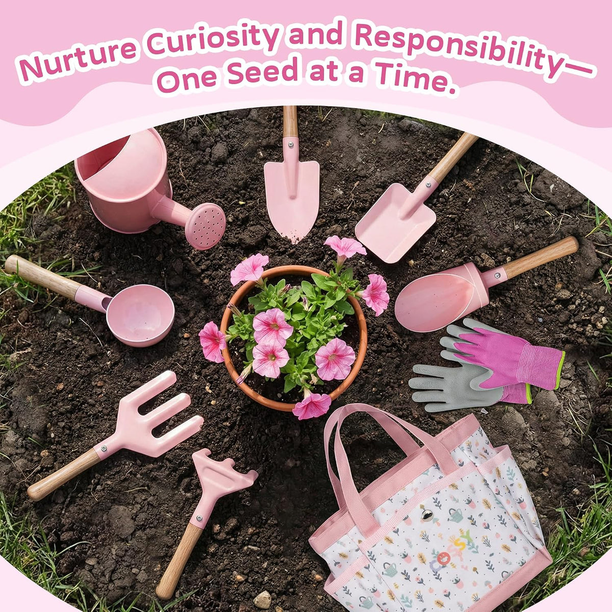 Kids Gardening Set, 13PCS Garden Tool Kit for Kids and Toddlers Boys Girls, Includes Tote Bag, Watering Can, Shovels, Rake, Kids Gardening Gloves, Apron and More, Pink