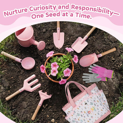 Kids Gardening Set, 13PCS Garden Tool Kit for Kids and Toddlers Boys Girls, Includes Tote Bag, Watering Can, Shovels, Rake, Kids Gardening Gloves, Apron and More, Pink