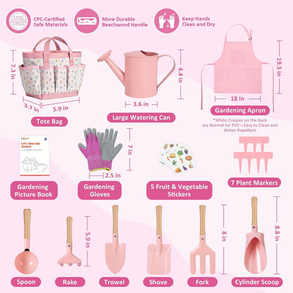 Kids Gardening Set, 13PCS Garden Tool Kit for Kids and Toddlers Boys Girls, Includes Tote Bag, Watering Can, Shovels, Rake, Kids Gardening Gloves, Apron and More, Pink