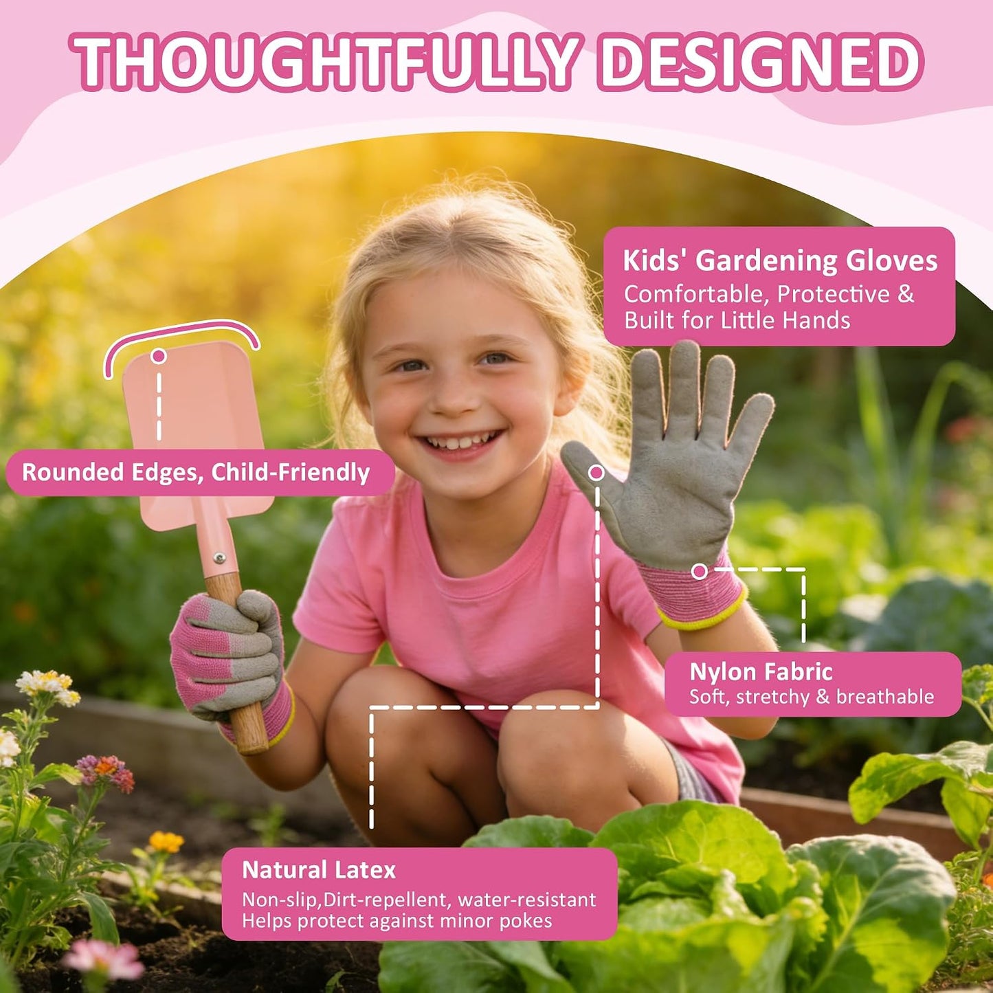 Kids Gardening Set, 13PCS Garden Tool Kit for Kids and Toddlers Boys Girls, Includes Tote Bag, Watering Can, Shovels, Rake, Kids Gardening Gloves, Apron and More, Pink