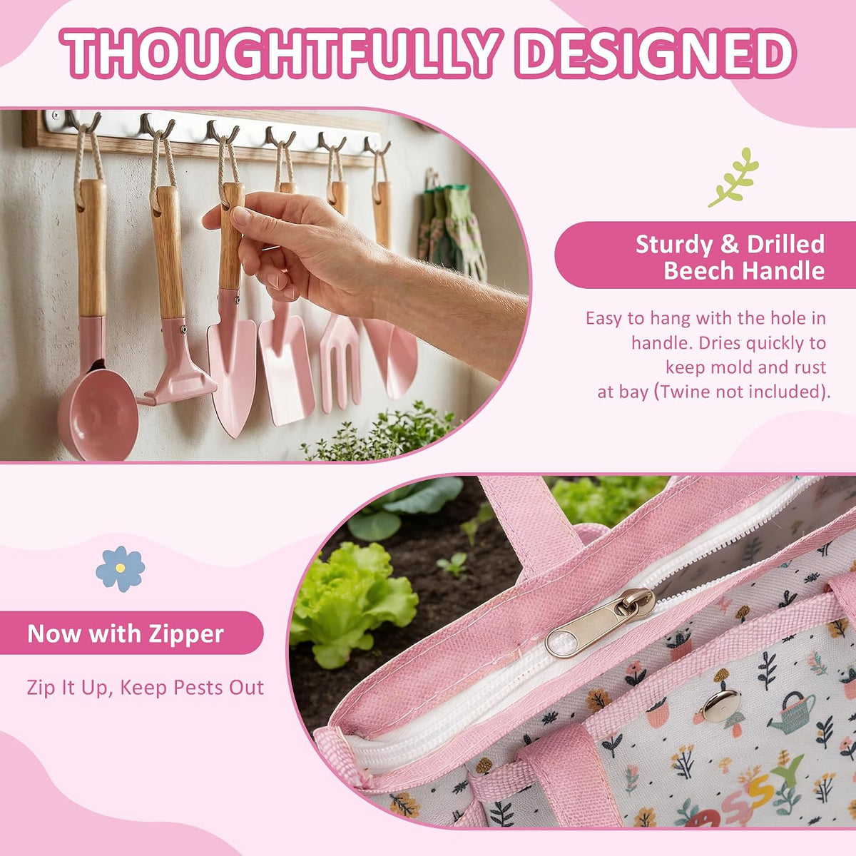 Kids Gardening Set, 13PCS Garden Tool Kit for Kids and Toddlers Boys Girls, Includes Tote Bag, Watering Can, Shovels, Rake, Kids Gardening Gloves, Apron and More, Pink