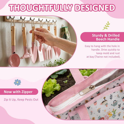 Kids Gardening Set, 13PCS Garden Tool Kit for Kids and Toddlers Boys Girls, Includes Tote Bag, Watering Can, Shovels, Rake, Kids Gardening Gloves, Apron and More, Pink