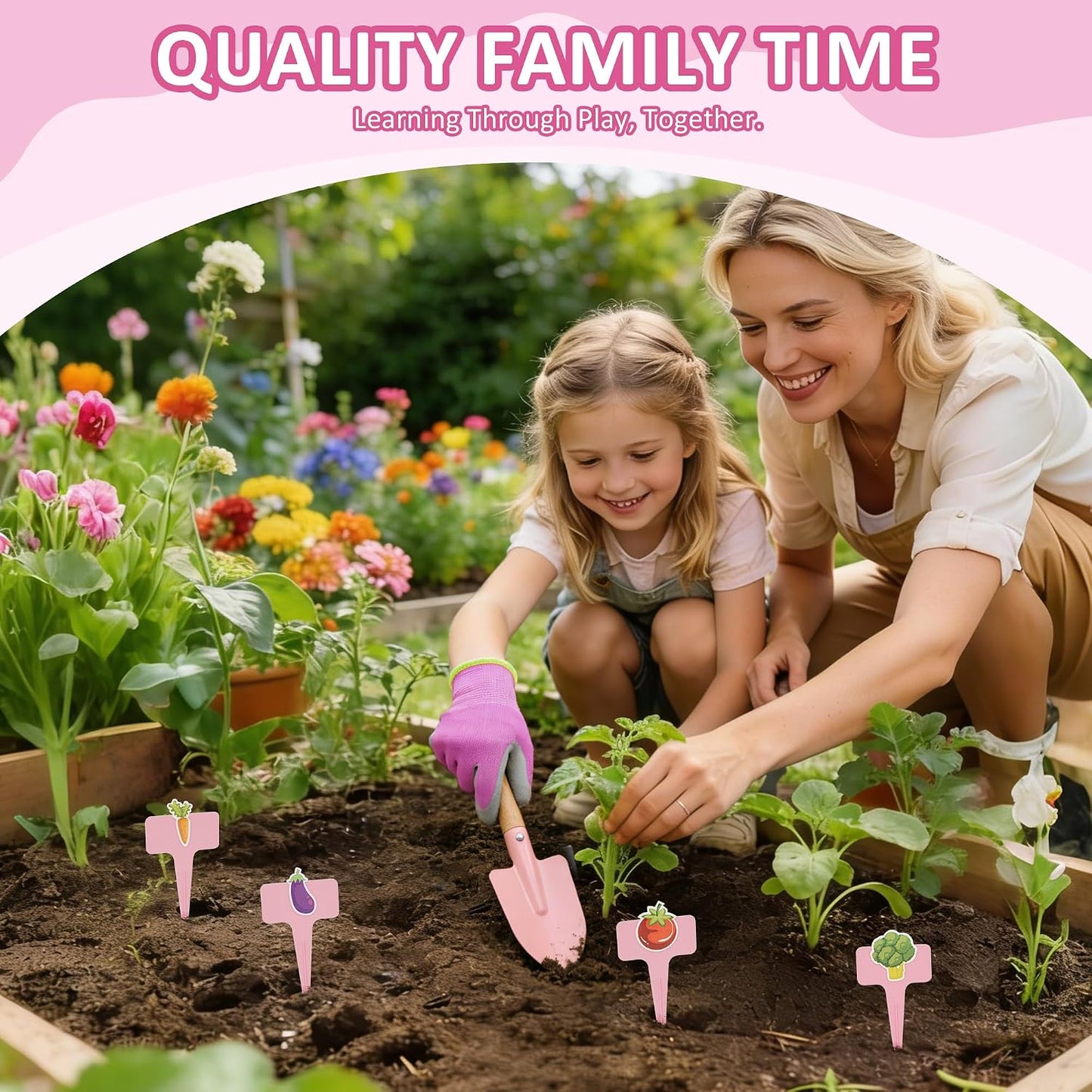 Kids Gardening Set, 13PCS Garden Tool Kit for Kids and Toddlers Boys Girls, Includes Tote Bag, Watering Can, Shovels, Rake, Kids Gardening Gloves, Apron and More, Pink