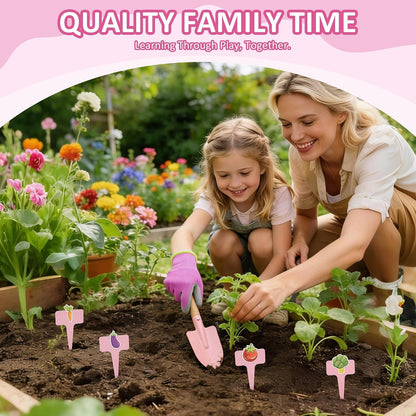 Kids Gardening Set, 13PCS Garden Tool Kit for Kids and Toddlers Boys Girls, Includes Tote Bag, Watering Can, Shovels, Rake, Kids Gardening Gloves, Apron and More, Pink