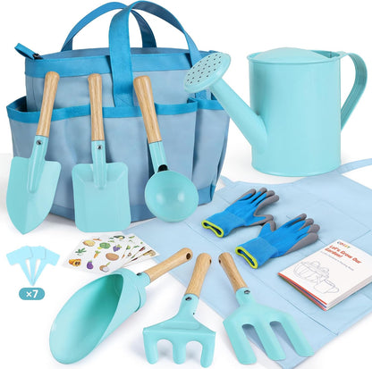 Kids Gardening Set, 13PCS Garden Tool Kit for Kids and Toddlers Boys Girls, Includes Tote Bag, Watering Can, Shovels, Rake, Kids Gardening Gloves, Apron and More, Pink
