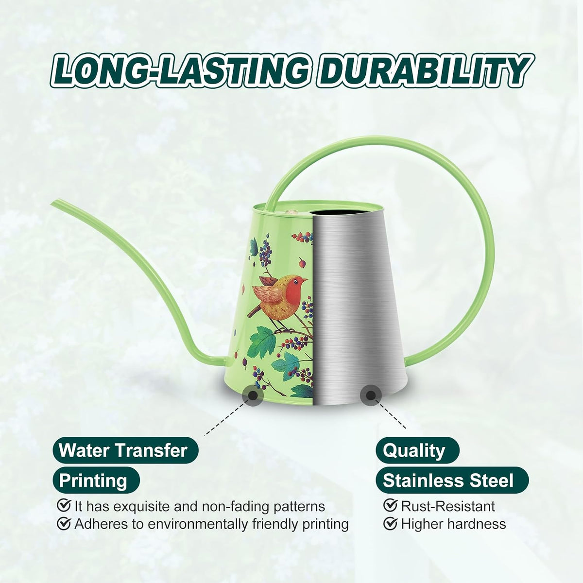 2L Long Spout Watering Can, Stainless Steel Water Can (Robin)