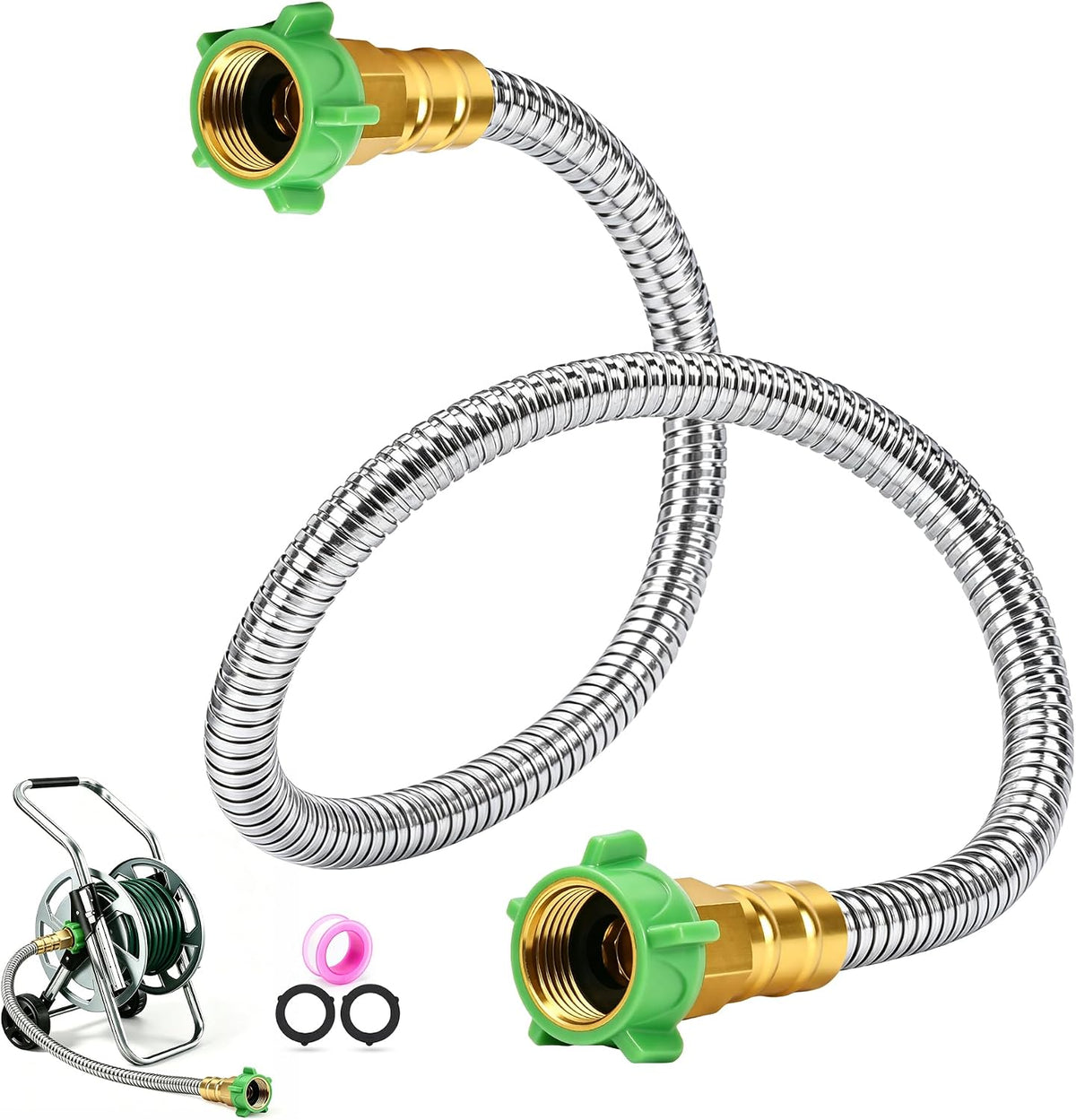3FT Short Garden Hose Female to Female – Stainless Steel Leader Hose for Hose Reel, Kink-Free Flexible Metal Water Hose, Leakproof Durable Designy for Outdoor Garden, Pet Washing, Car