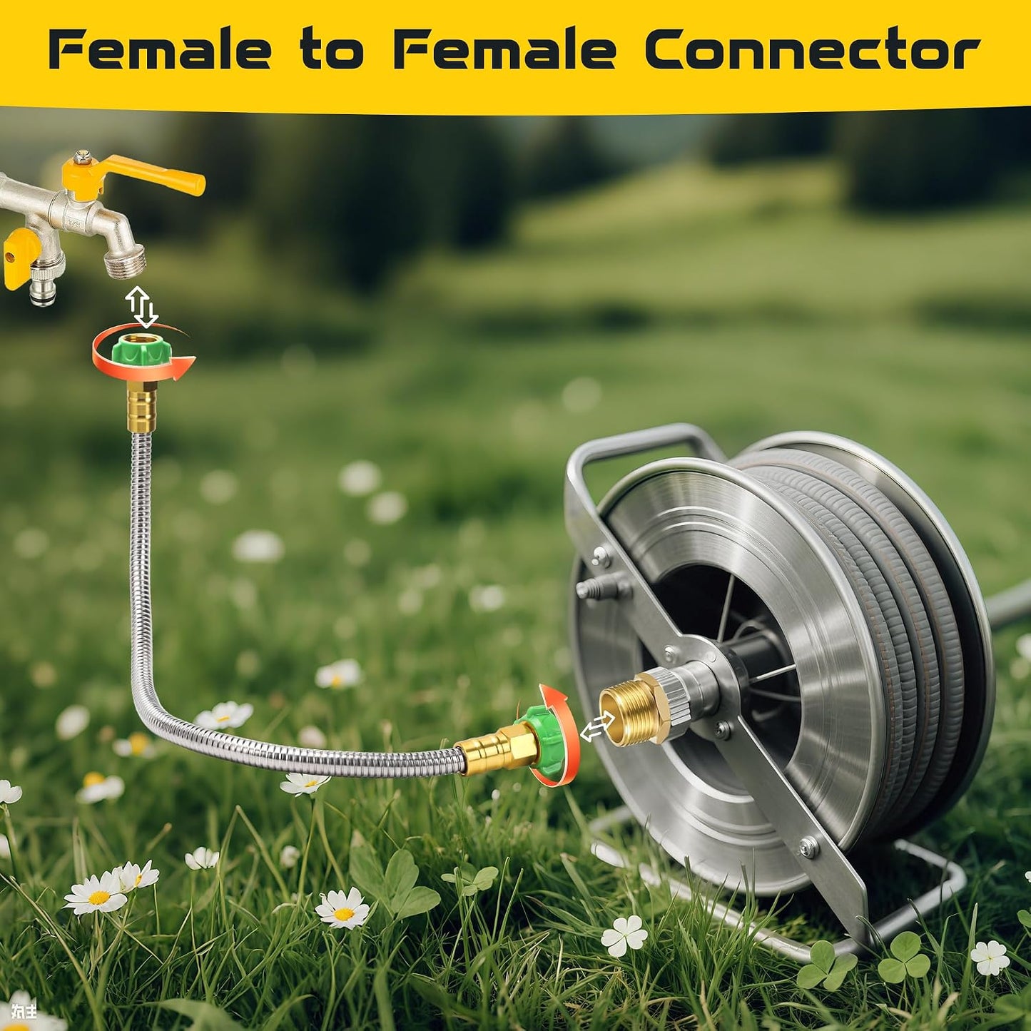 3FT Short Garden Hose Female to Female – Stainless Steel Leader Hose for Hose Reel, Kink-Free Flexible Metal Water Hose, Leakproof Durable Designy for Outdoor Garden, Pet Washing, Car