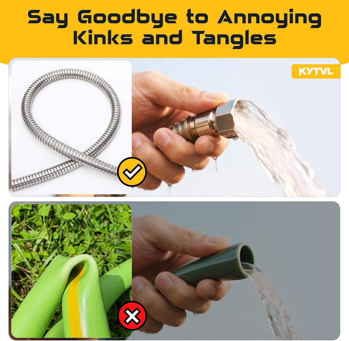 3FT Short Garden Hose Female to Female – Stainless Steel Leader Hose for Hose Reel, Kink-Free Flexible Metal Water Hose, Leakproof Durable Designy for Outdoor Garden, Pet Washing, Car