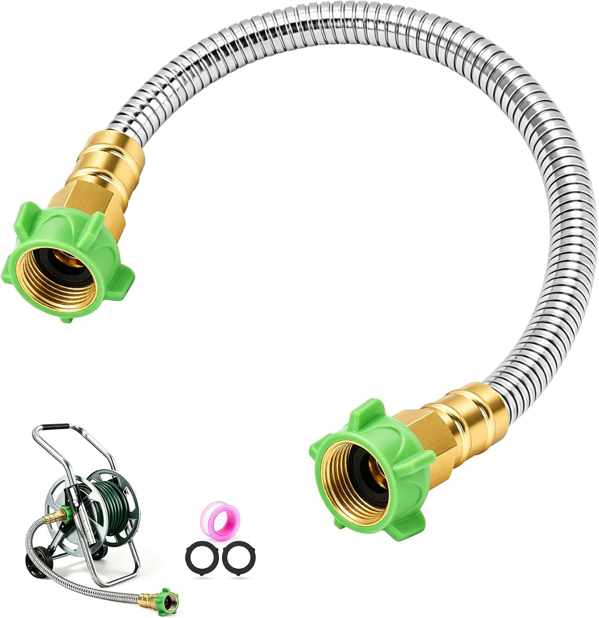 3FT Short Garden Hose Female to Female – Stainless Steel Leader Hose for Hose Reel, Kink-Free Flexible Metal Water Hose, Leakproof Durable Designy for Outdoor Garden, Pet Washing, Car