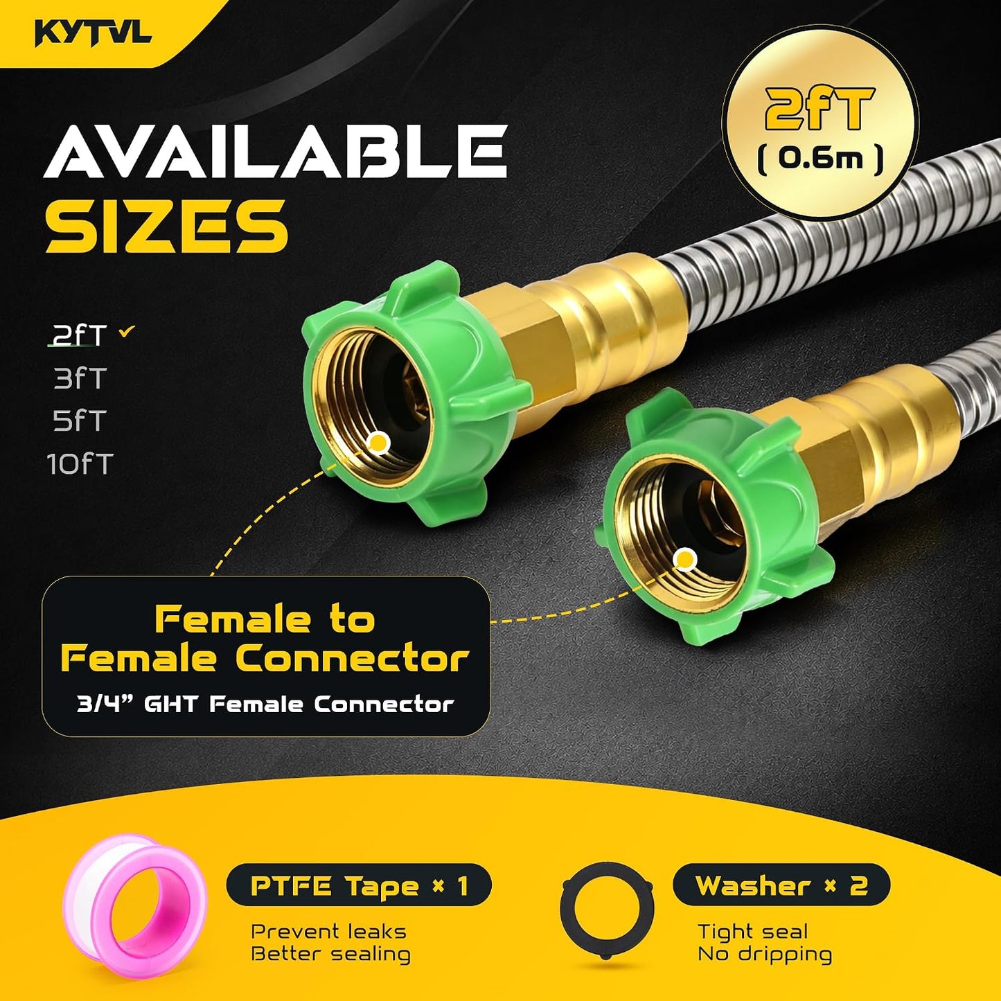 3FT Short Garden Hose Female to Female – Stainless Steel Leader Hose for Hose Reel, Kink-Free Flexible Metal Water Hose, Leakproof Durable Designy for Outdoor Garden, Pet Washing, Car