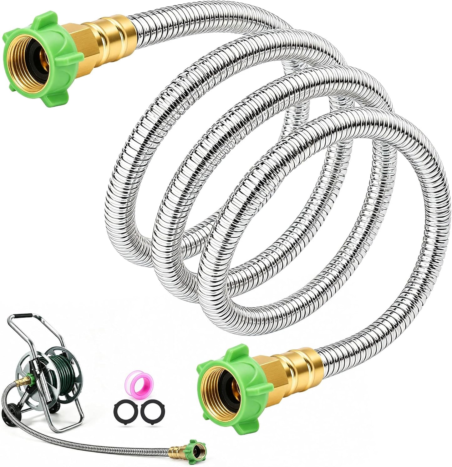 3FT Short Garden Hose Female to Female – Stainless Steel Leader Hose for Hose Reel, Kink-Free Flexible Metal Water Hose, Leakproof Durable Designy for Outdoor Garden, Pet Washing, Car