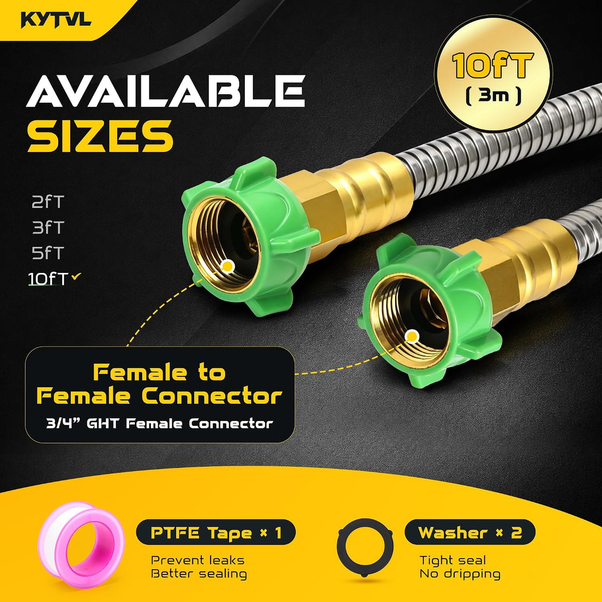 3FT Short Garden Hose Female to Female – Stainless Steel Leader Hose for Hose Reel, Kink-Free Flexible Metal Water Hose, Leakproof Durable Designy for Outdoor Garden, Pet Washing, Car
