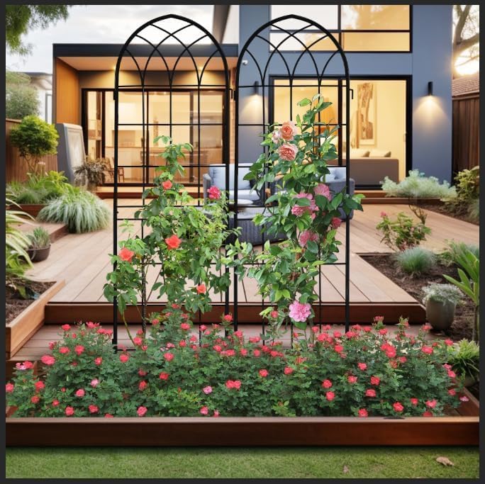 LZRS 71 x 80in Rustic Iron Arch Decoration Garden Trellis with Black Metal Coating – Perfect for Supporting Climbing Plants Outdoor, Roses, Vines, Flowers, and Vegetables.
