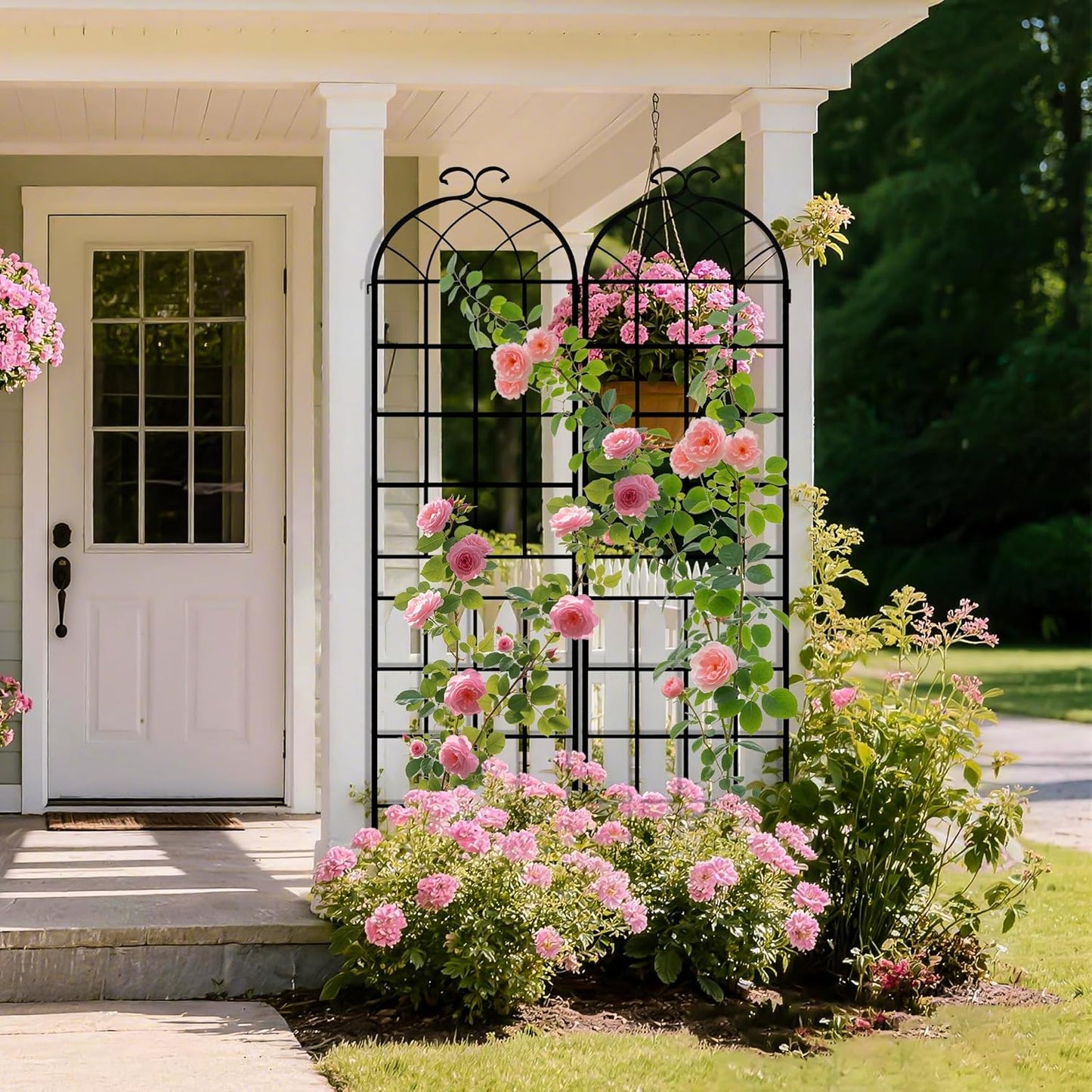 LZRS 71 x 80in Rustic Iron Arch Decoration Garden Trellis with Black Metal Coating – Perfect for Supporting Climbing Plants Outdoor, Roses, Vines, Flowers, and Vegetables.