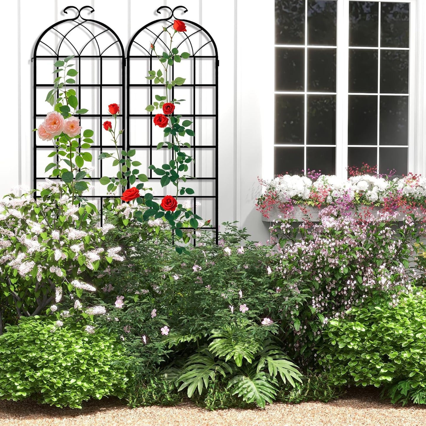 LZRS 71 x 80in Rustic Iron Arch Decoration Garden Trellis with Black Metal Coating – Perfect for Supporting Climbing Plants Outdoor, Roses, Vines, Flowers, and Vegetables.