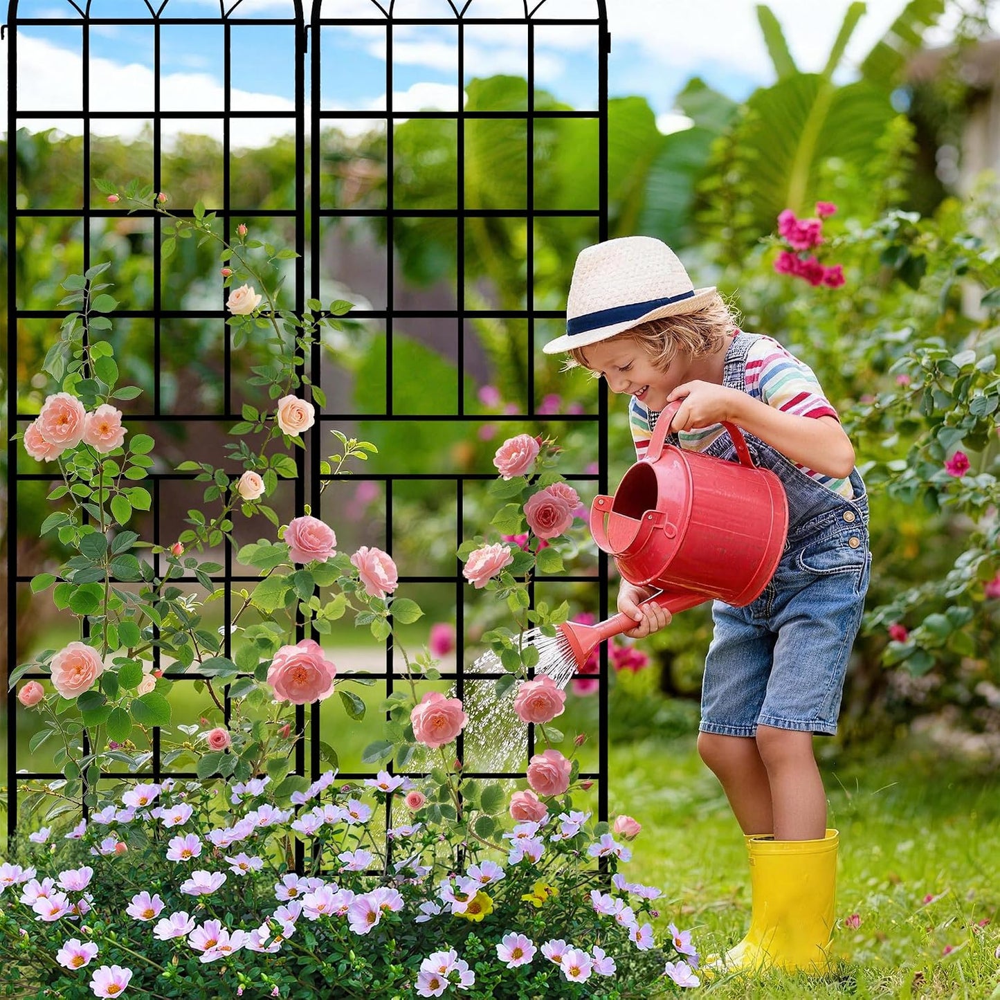 LZRS 71 x 80in Rustic Iron Arch Decoration Garden Trellis with Black Metal Coating – Perfect for Supporting Climbing Plants Outdoor, Roses, Vines, Flowers, and Vegetables.