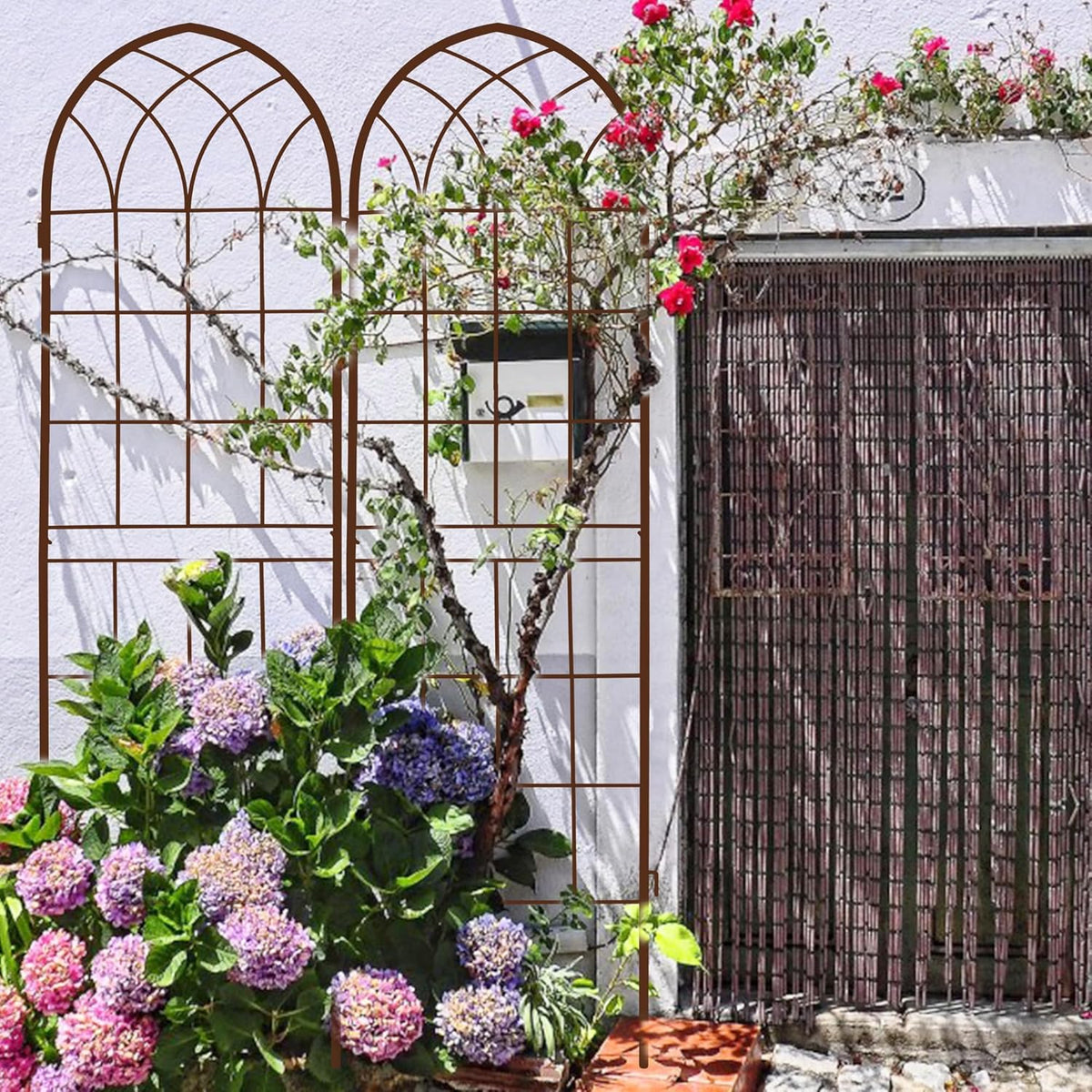 LZRS 71 x 80in Rustic Iron Arch Decoration Garden Trellis with Black Metal Coating – Perfect for Supporting Climbing Plants Outdoor, Roses, Vines, Flowers, and Vegetables.