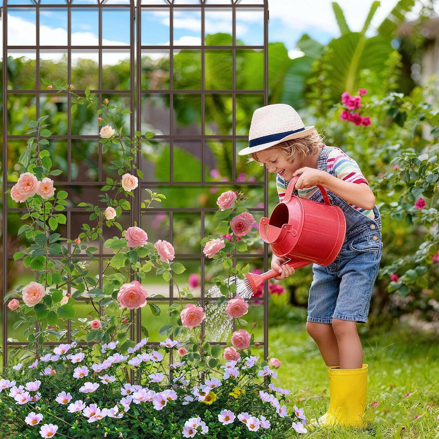 LZRS 71 x 80in Rustic Iron Arch Decoration Garden Trellis with Black Metal Coating – Perfect for Supporting Climbing Plants Outdoor, Roses, Vines, Flowers, and Vegetables.