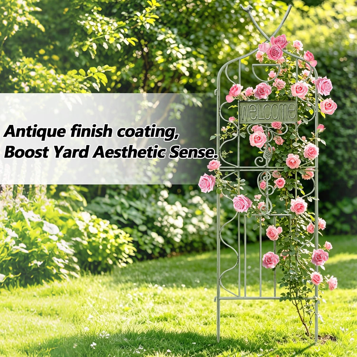 LZRS 71 x 80in Rustic Iron Arch Decoration Garden Trellis with Black Metal Coating – Perfect for Supporting Climbing Plants Outdoor, Roses, Vines, Flowers, and Vegetables.